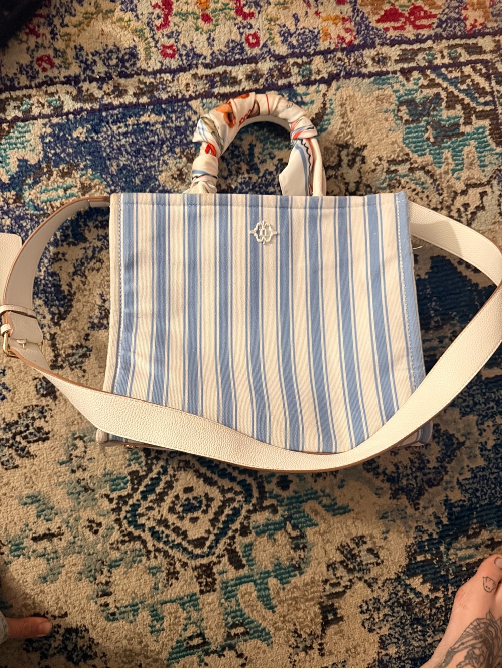 Striped Blue & White Canvas Tote with Cream Strap